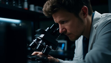 Fototapeta na wymiar Caucasian male scientist analyzing microbiology with microscope and equipment generated by AI
