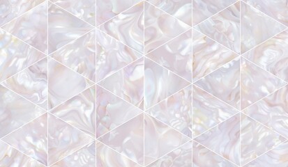 Mother of pearl tiles textured empty wall. Triangle mosaic light background. AI illustration.