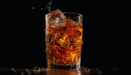 Fototapeta na wymiar Golden whiskey drop splashing in cold highball glass on black background generated by AI