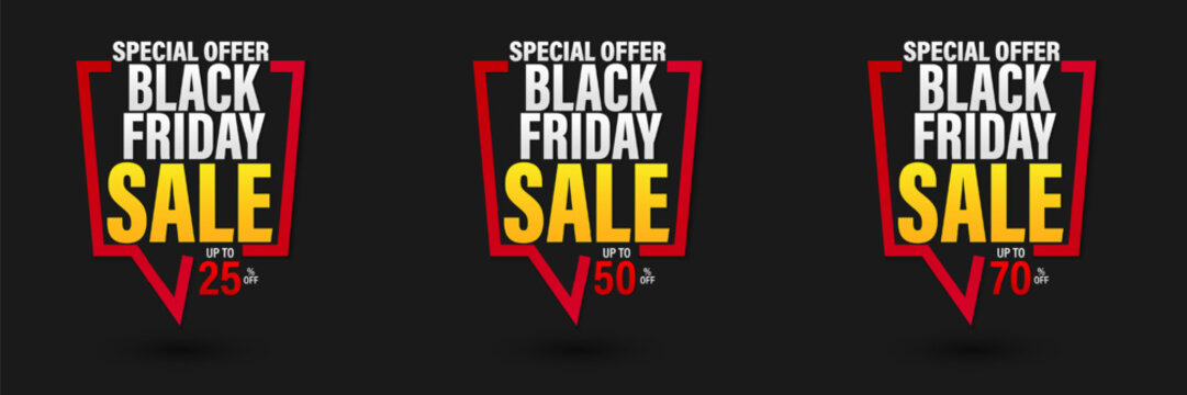 set 25%, 50%, 70% discount for Black Friday banner. Modern design, red, white and yellow typography. Template for promotion, advertising, and web Black Friday season. Vector illustration.