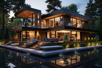 New architecture, modern villa, outdoors view at night scene. AI Generative