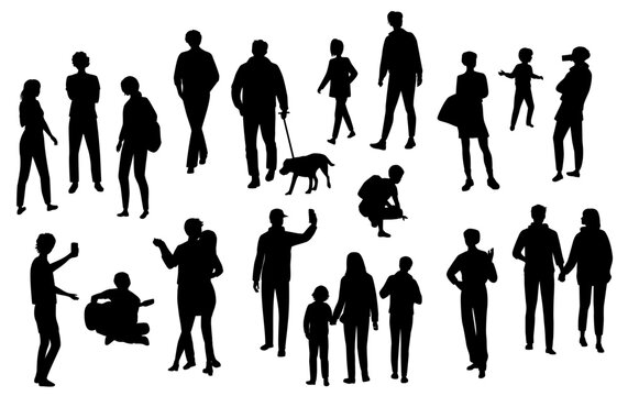Silhouettes men, women, teenagers and children standing, walking, sitting, dancing,  walking with dog, black color, vector, group rest people, students,  design concept of flat icon, isolated on white