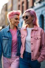 Young female gay couple smiling, outdoor portrait. Soft focus. Ai generated.