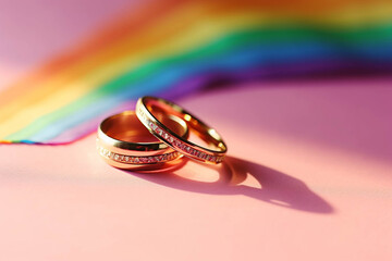 Golden wedding rings and rainbow ribbon on background.