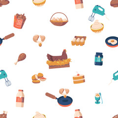 Seamless Pattern Adorned With Delightful Chicken-themed Products, Featuring Eggs, Nuggets, Protein Drink