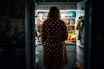 Overweight woman seen from back, in front of fridge. Eating disorder, overeating, junk food, ai generated.