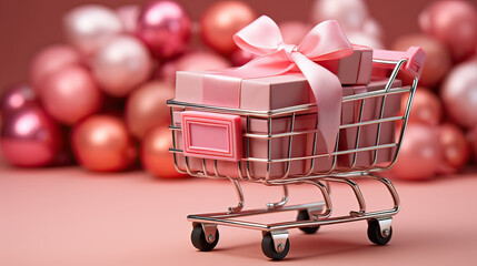 shopping cart full with giftbox in supermarket background