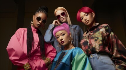 Diverse Retro fashion enthusiast group of people in a 90s and 200s inspired style. Diversity trend - obrazy, fototapety, plakaty