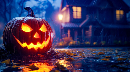 Jack - o - lantern pumpkin sitting on the ground in the rain. - Powered by Adobe