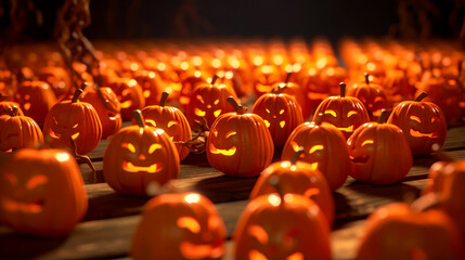Lot of pumpkins that have been carved into the shape of faces. - obrazy, fototapety, plakaty