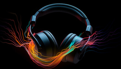 Glowing blue headphones on a vibrant multi colored wave pattern backdrop generated by AI