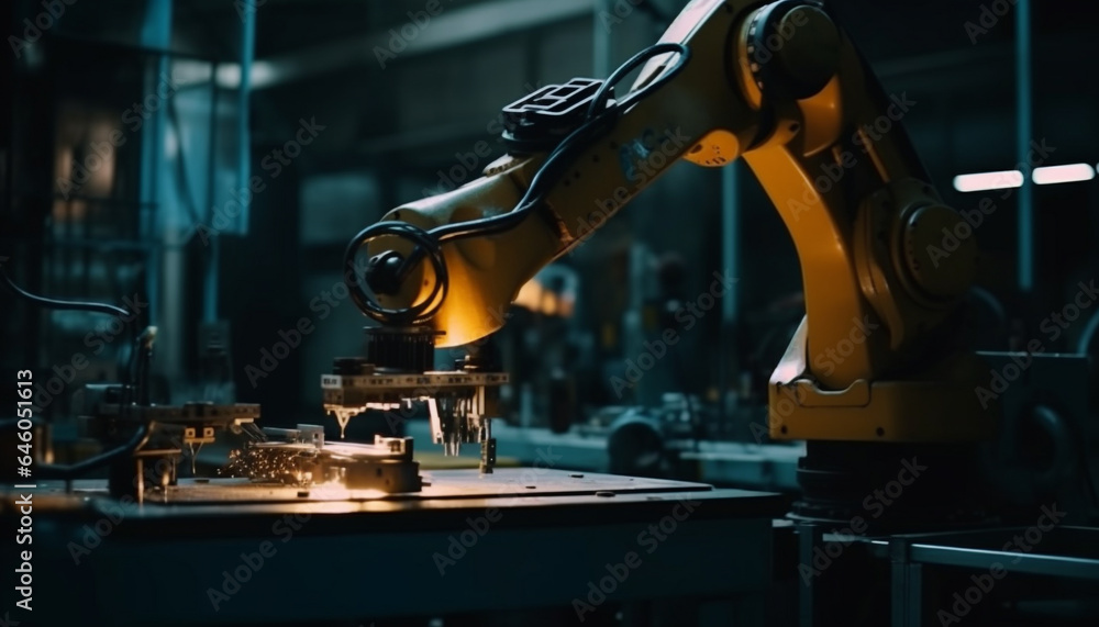 Poster automated metal workshop with robotic arm and conveyor belt technology generated by ai