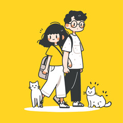 A couple with two cats on a bright yellow background. Doodle sharpie style. Illustrated vector file.