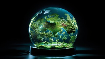 1 Capture a stunning photograph of a glass globe adorned with holographic projections of green energy breakthroughs, illustrating advances in clean energy research