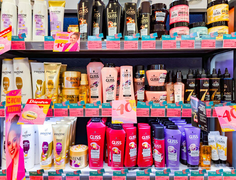 LATVIA, RIGA,10, SEPTEMBER, 2023: Shelves with Gliss Kur shampoos and conditioners with promotional discounts in Rimi Baltic hypermarket, Riga. Latvia. Rimi Baltic is a major retail operator in Baltic