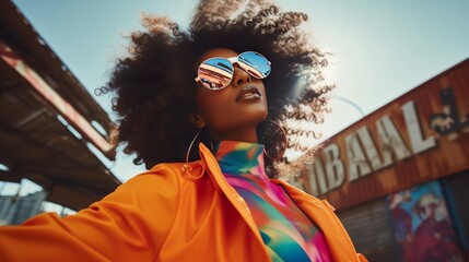 Dreamful Retro fashion enthusiast people in a 90s and 2000s inspired style. Fashion girl from 90s wears sunglasses	