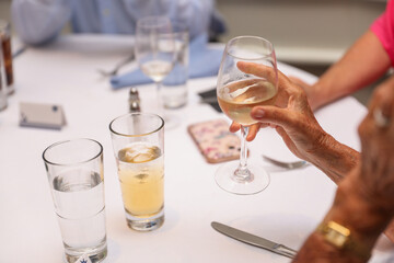 Hands clinking glasses, symbolizing celebration, toasts, and business success with wine, beer, or juice