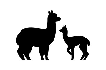 Vector alpaca icon. Mom and baby alpaca. Simple black silhouette illustration.