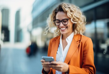 Fototapeta premium happy young female business woman using mobile phone