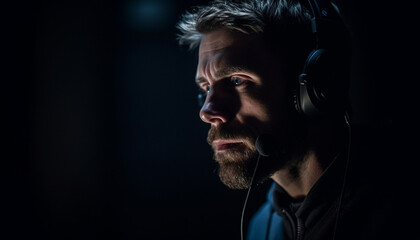 Fototapeta premium Handsome musician listening to rock music in nightclub, serious concentration generated by AI