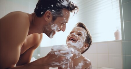 Son shaving with father in the bathroom - obrazy, fototapety, plakaty