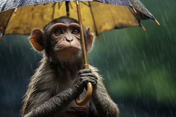 Poster cute monkey holding umbrella on rainy background ,  trendy, 3d rendering, AI generative © Salawati