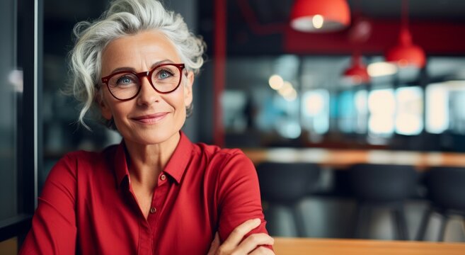 Successful senior woman in glasses posing in an office