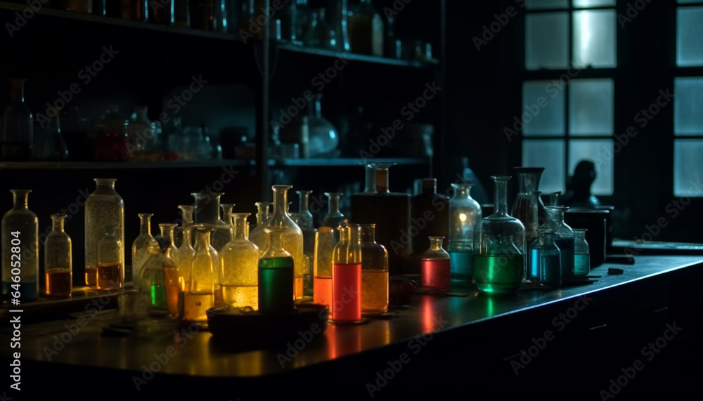 Poster scientific experiment liquid variation in glass bottles on laboratory shelf generated by ai