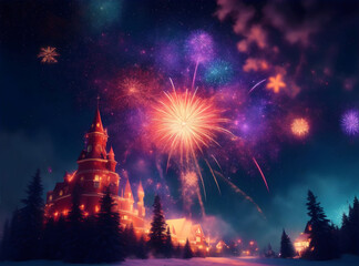 Naklejka premium Christmas background with fireworks, festive bokeh. New year greeting card, postcard with copyspace.