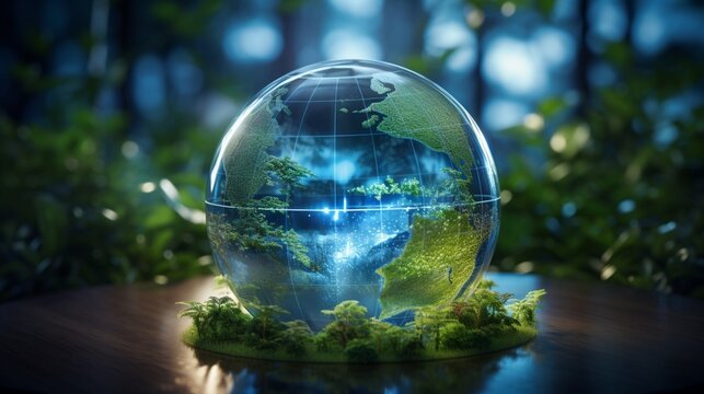  mesmerizing picture of a glass globe with a holographic projection of wind turbines set against a picturesque landscape, illustrating the aesthetics of wind energy