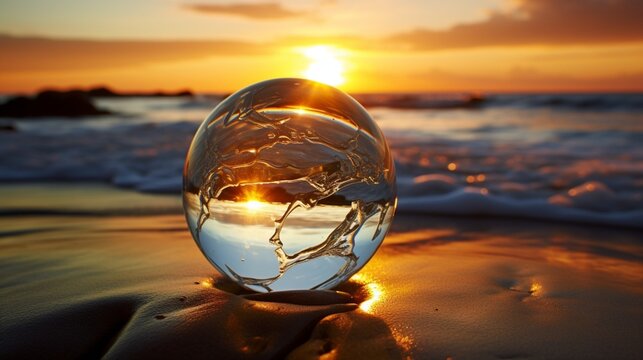 A mesmerizing photograph of a glass globe floating above a serene ocean at sunset, with wind turbines and solar panels visible on the horizon, symbolizing the beauty of marine and solar energy
