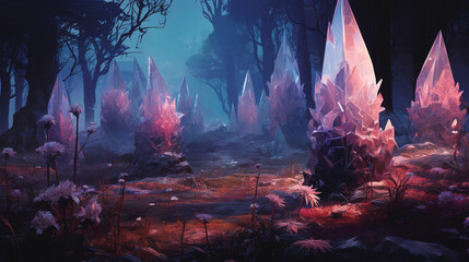 depiction of crystal orb-shaped forest at twilight bubbles bloom like exotic flower