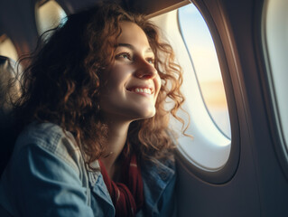 Woman in the airplane looking out window