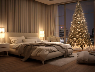 Fototapeta premium Cozy white and beige modern Christmas bed room interior with decorated Xmas tree and presents