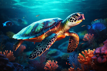 Naklejka premium an underwater sea turtle swimming under a colorful light ocean.