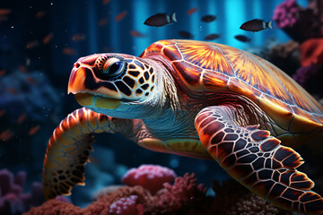 Obraz premium an underwater sea turtle swimming under a colorful light ocean.