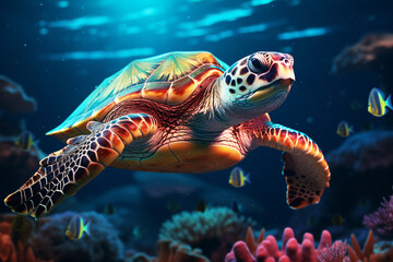 Obraz na płótnie Canvas an underwater sea turtle swimming under a colorful light ocean.