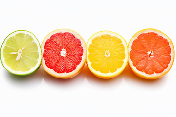 Isolated Citrus Slices - Fresh Halved Fruits (Orange, Pink Grapefruit, Lime, Lemon) in a Row on White Background with Clipping Path - Created with Generative AI Tools