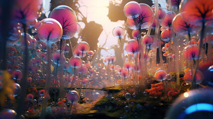 depiction of crystal orb-shaped forest at twilight bubbles bloom like exotic flower - obrazy, fototapety, plakaty