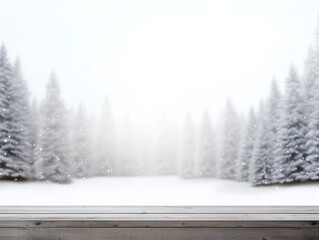 White empty mock up wood table, blurred background with pine trees in snow 
