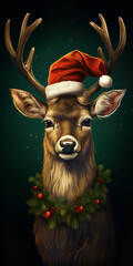 A cute Christmas reindeer with a red hat, dark green background