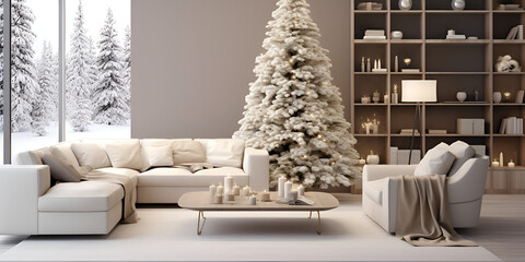 Modern Christmas room interior with decorated Xmas tree and presents