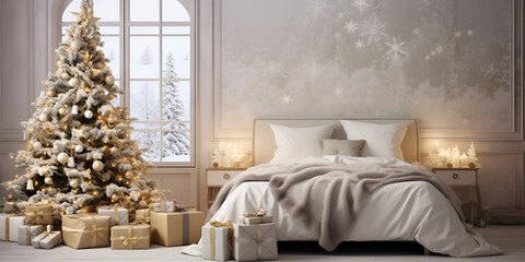 Cozy white and beige modern Christmas bed room interior with decorated Xmas tree and presents