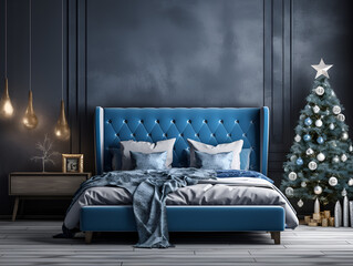 Blue modern Christmas bed room interior with decorated Xmas tree and presents