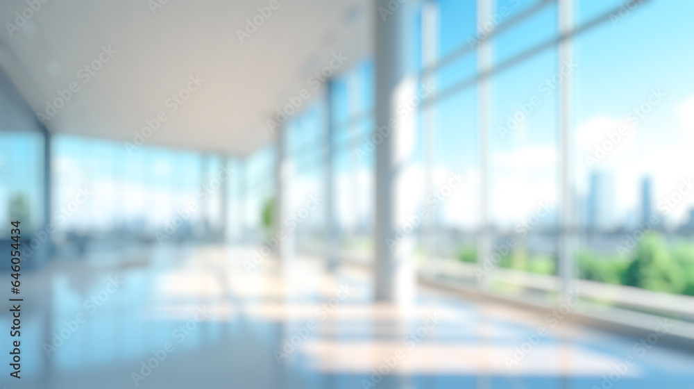 Wall mural blurred office lobby entrance building background, defocus luxury clinic hospital corridor, modern h