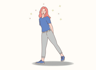 happy gesture woman vector illustration with line