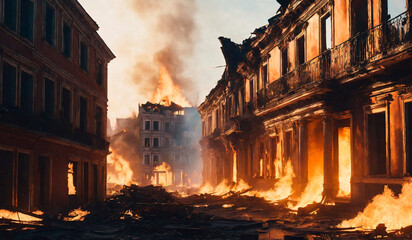 Burning old house in the city. Fire in the city. The concept of the consequences of war - obrazy, fototapety, plakaty
