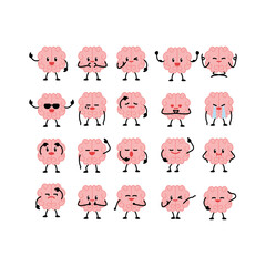 Cartoon brain character illustration. Funny cartoon brain character drawing set. Smart brain with lightbulb, sleeping, farting, thinking, training and dead. Cute vector hand drawn illustration.