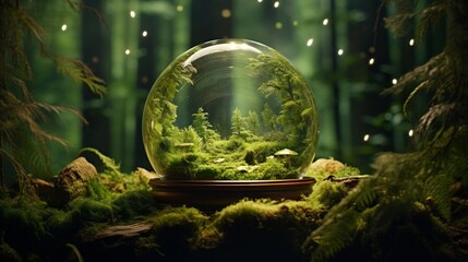 Obraz na płótnie Canvas 1 Produce an enchanting scene featuring a glass globe emitting a soft, calming glow in a serene forest clearing, representing the tranquility of sustainable illumination