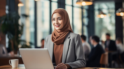 A muslim woman wearing a hijab in an office. Giving a presentation. Smiling. Friendly. Diversity. Inclusion. Belonging. DEI. DEIB